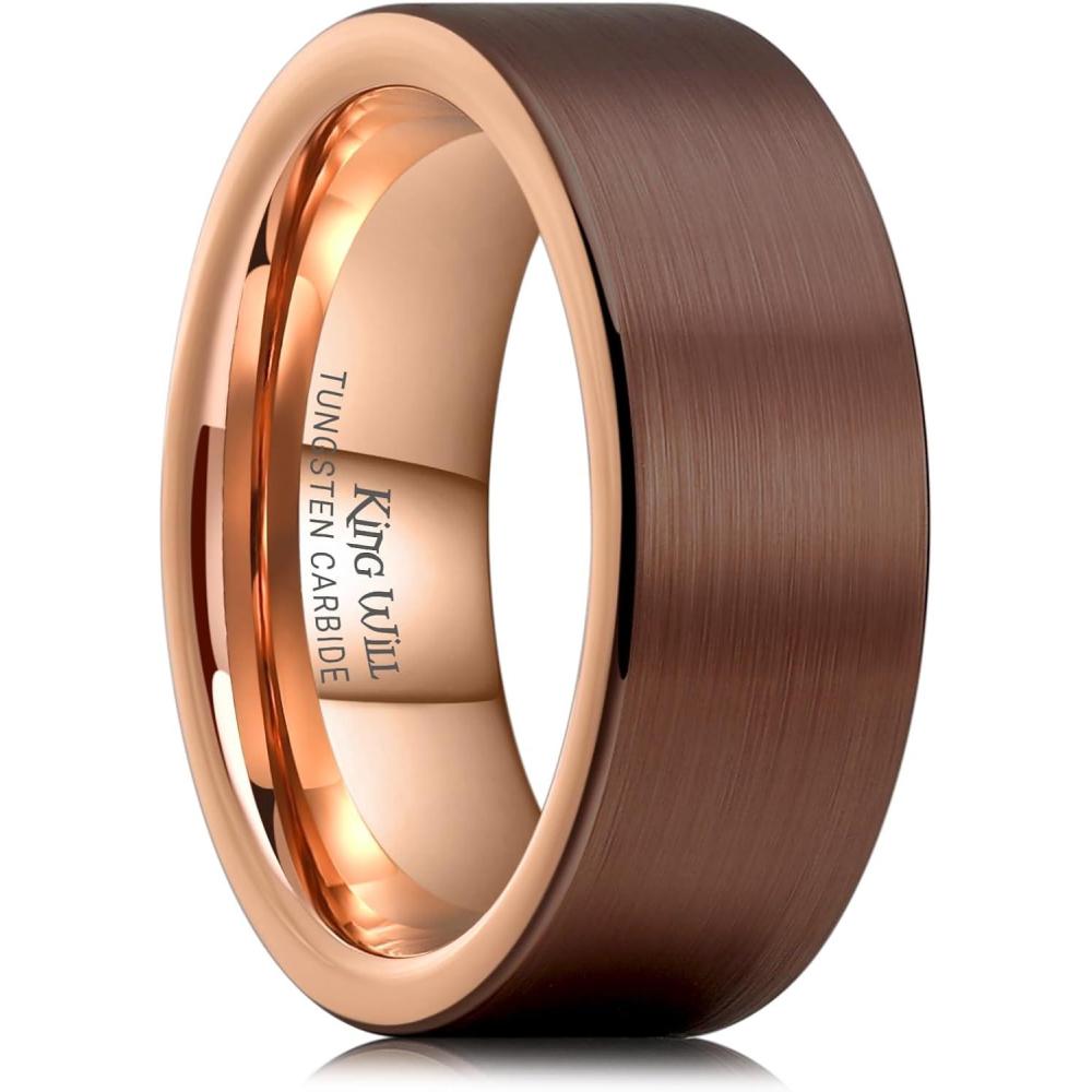 imageKing Will Basic GoldRose GoldBrown Plated Tungsten Wedding Band for MenWomen 2mm4mm6mm8mm10mm12mm Width Band Rings Pipe Cut Matte Brushed Finish Cigar Band Ring Comfort FitBrown8mm