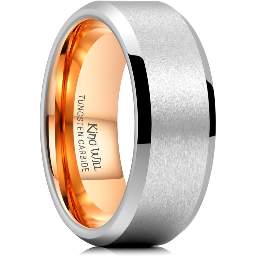 imageKing Will Basic Unisex SilverBlackBlueRose GoldGoldPurple Tungsten Carbide Matte Polished Finish Wedding Beveled Edge Engagement Band Ring for Men Women8mm Silver Rose Gold