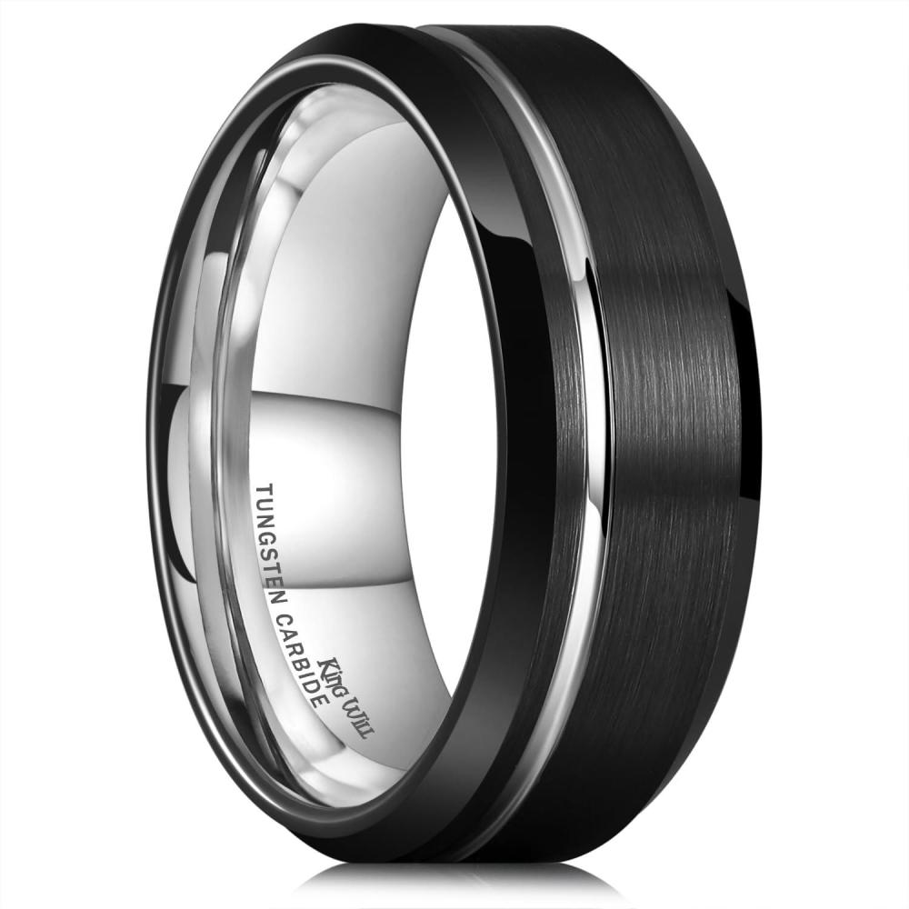 imageKing Will Basic Unisex SilverBlackBlueRose GoldGoldPurple Tungsten Carbide Matte Polished Finish Wedding Beveled Edge Engagement Band Ring for Men WomenBlack  Silver 8mm