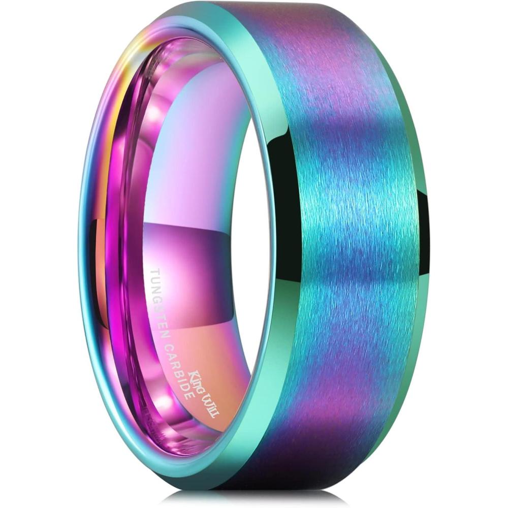 imageKing Will Basic Unisex SilverBlackBlueRose GoldGoldPurple Tungsten Carbide Matte Polished Finish Wedding Beveled Edge Engagement Band Ring for Men WomenRainbow