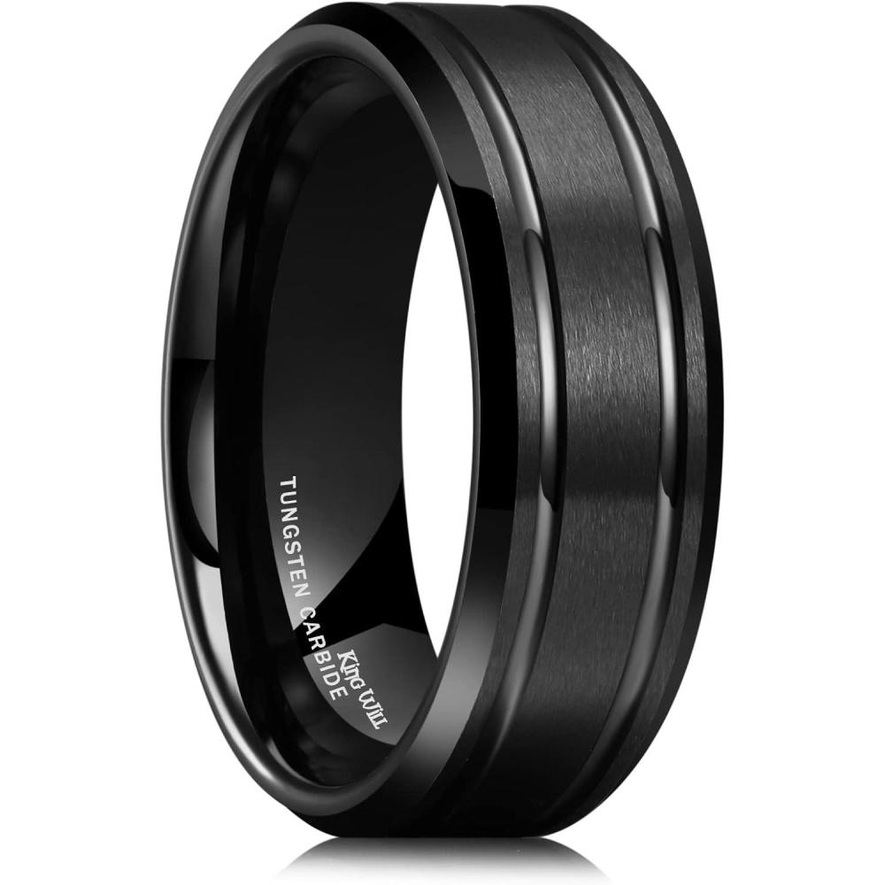 imageKing Will Basic Unisex SilverBlackBlueRose GoldGoldPurple Tungsten Carbide Matte Polished Finish Wedding Beveled Edge Engagement Band Ring for Men WomenBlack2 Grooved Lines
