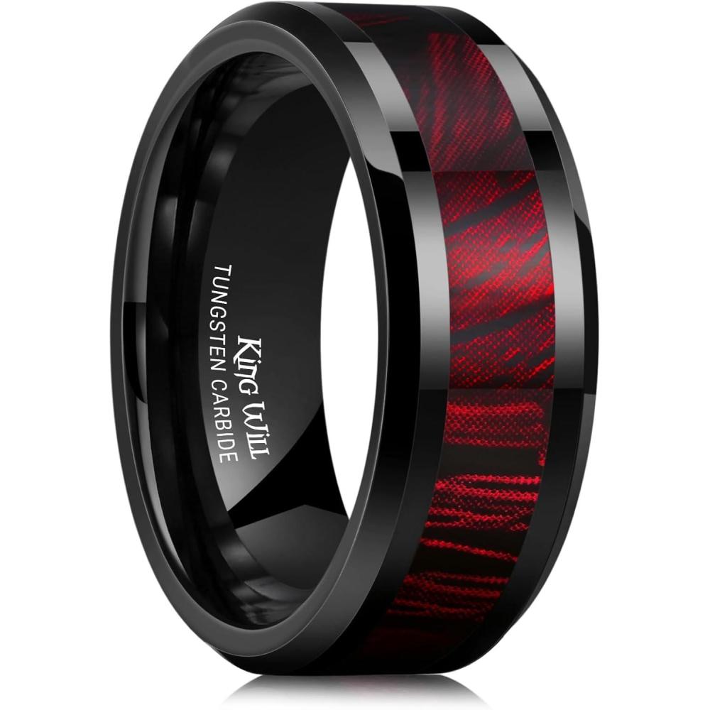 imageKing Will Black Tungsten Wedding Band For Men 8mm Promise Ring Inlay Red Twill PatternColorful Wood Chips High Polished Beveled Edge  Suitable For Daily Wear Comfort Fit Size 714BlackRed