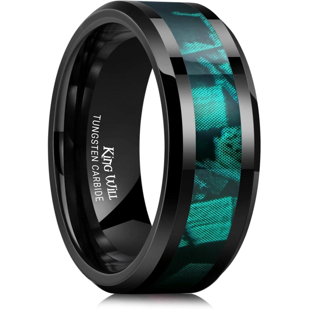 imageKing Will Black Tungsten Wedding Band For Men 8mm Promise Ring Inlay Red Twill PatternColorful Wood Chips High Polished Beveled Edge  Suitable For Daily Wear Comfort Fit Size 714BlackGreen