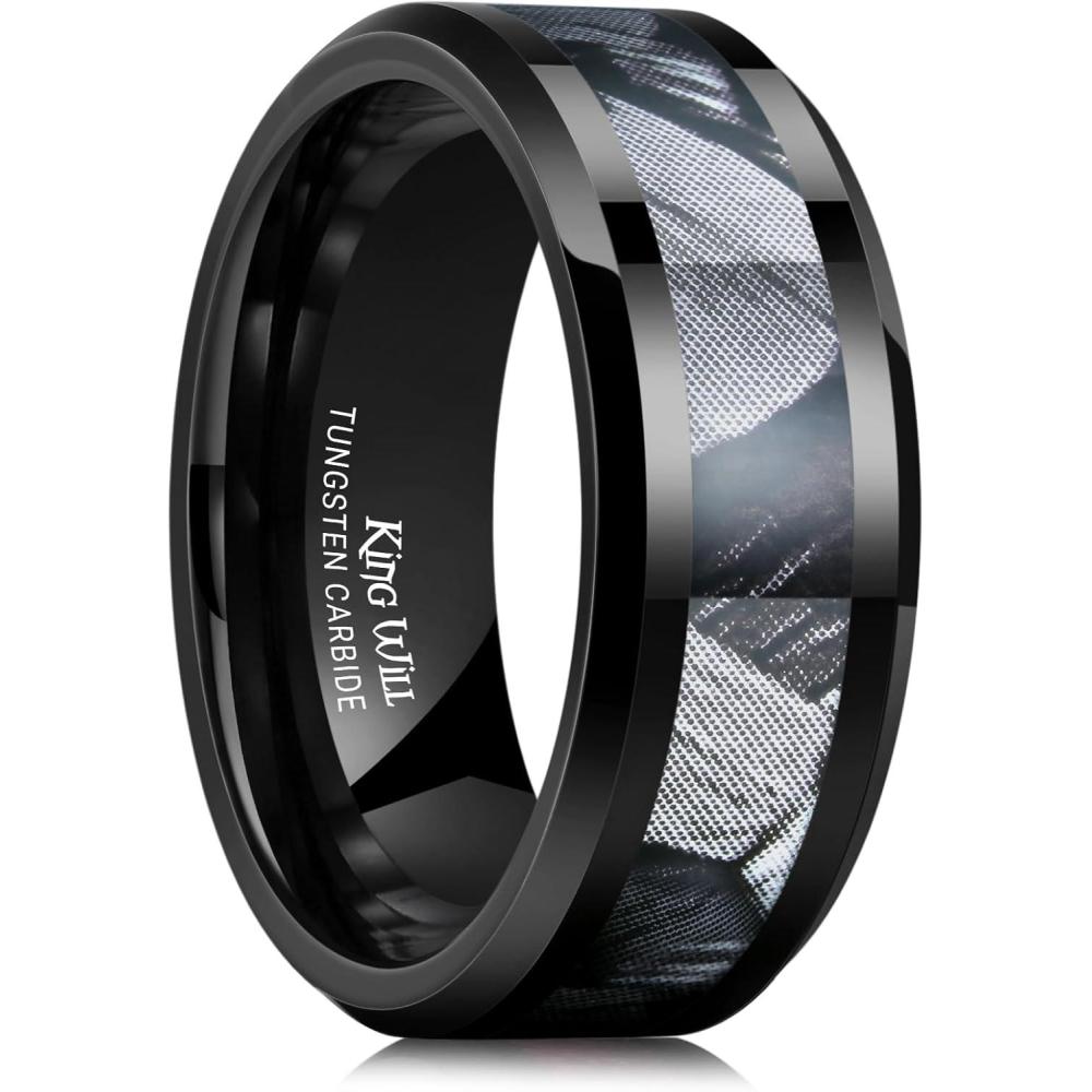 imageKing Will Black Tungsten Wedding Band For Men 8mm Promise Ring Inlay Red Twill PatternColorful Wood Chips High Polished Beveled Edge  Suitable For Daily Wear Comfort Fit Size 714BlackGray