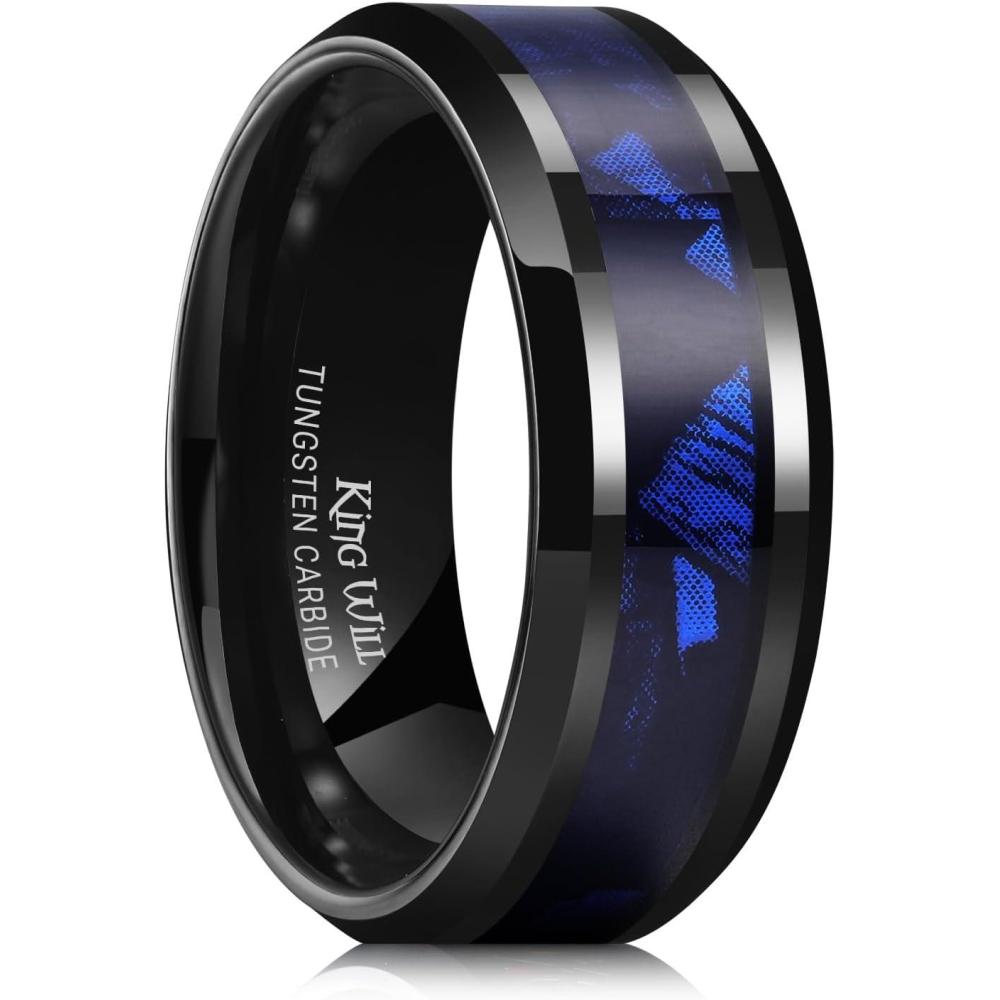 imageKing Will Black Tungsten Wedding Band For Men 8mm Promise Ring Inlay Red Twill PatternColorful Wood Chips High Polished Beveled Edge  Suitable For Daily Wear Comfort Fit Size 714BlackBlue