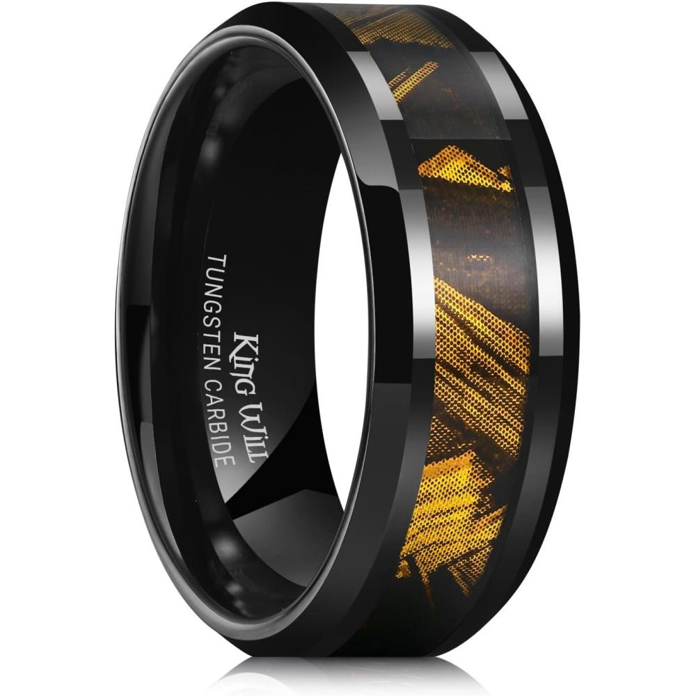 imageKing Will Black Tungsten Wedding Band For Men 8mm Promise Ring Inlay Red Twill PatternColorful Wood Chips High Polished Beveled Edge  Suitable For Daily Wear Comfort Fit Size 714BlackGold