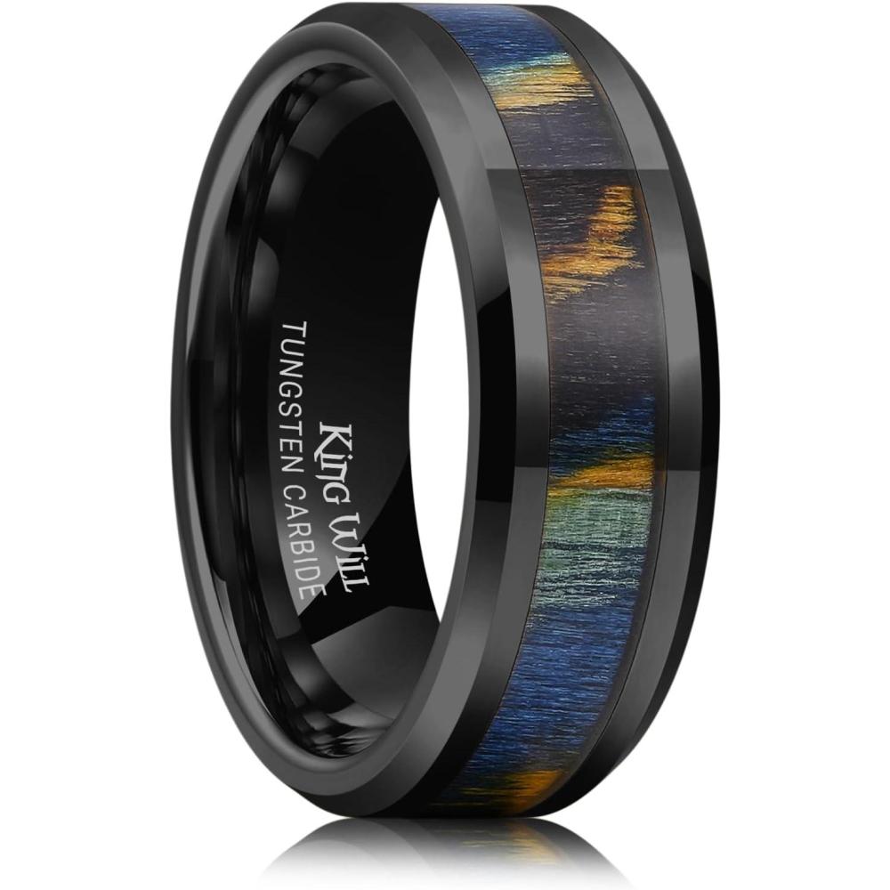 imageKing Will Black Tungsten Wedding Band For Men 8mm Promise Ring Inlay Red Twill PatternColorful Wood Chips High Polished Beveled Edge Suitable For Daily Wear Comfort Fit Size 714Colorful Wood ChipsBlack