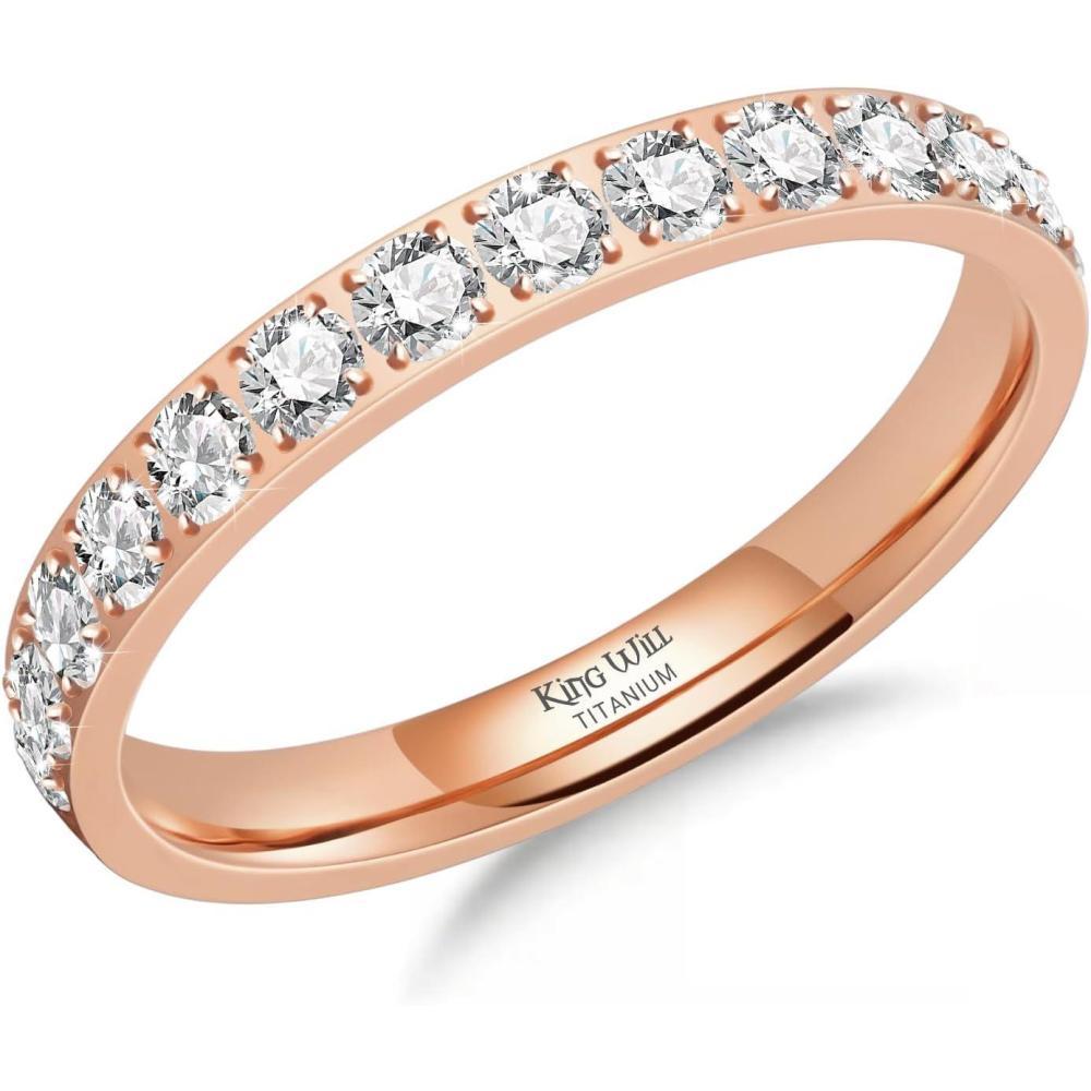 imageKing Will CZ Simulate Diamond Stackable Rings for Women Full Eternity Wedding Band 3mm Titanium SilverGoldRose Gold Plated Pink Cubic Zirconia Anniversary ring Hypoallergenic ampamp Comfort FitRose Gold with 3mm Clear CZ