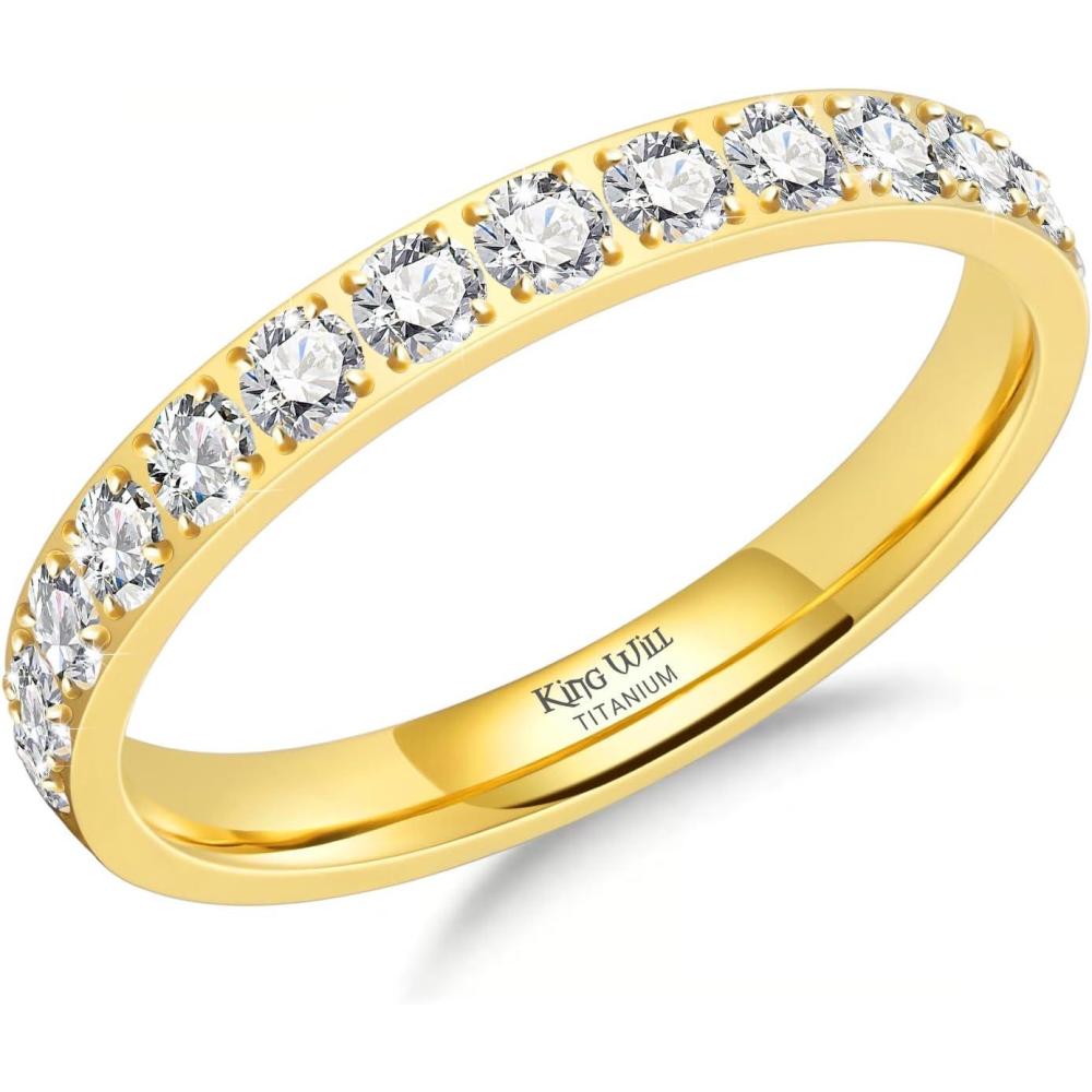 imageKing Will CZ Simulate Diamond Stackable Rings for Women Full Eternity Wedding Band 3mm Titanium SilverGoldRose Gold Plated Pink Cubic Zirconia Anniversary ring Hypoallergenic ampamp Comfort FitGold with 3mm Clear CZ