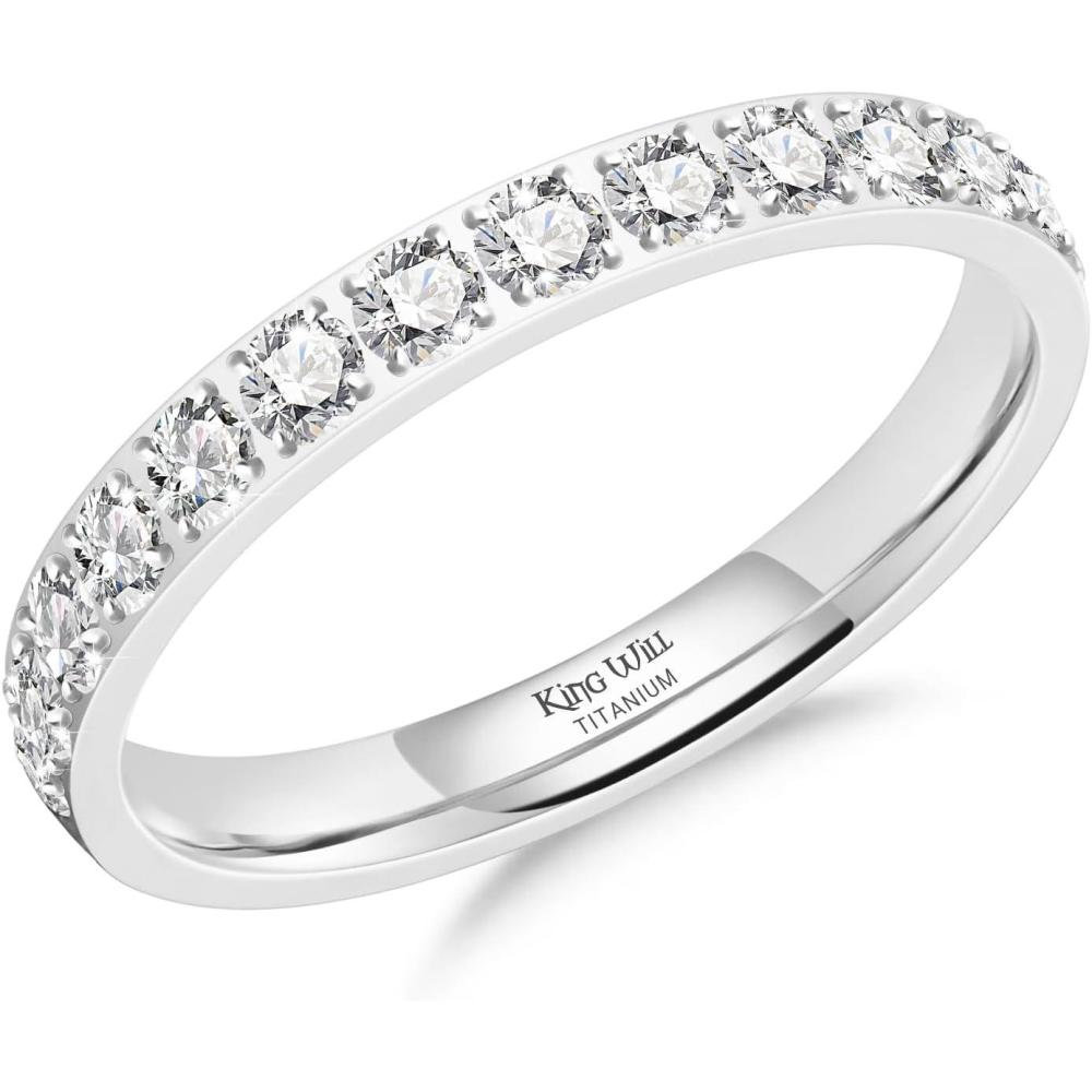 imageKing Will CZ Simulate Diamond Stackable Rings for Women Full Eternity Wedding Band 3mm Titanium SilverGoldRose Gold Plated Pink Cubic Zirconia Anniversary ring Hypoallergenic ampamp Comfort FitSilver with 3mm Clear CZ