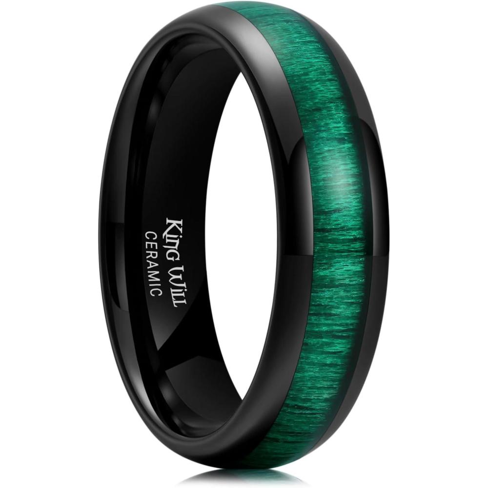 imageKing Will Ceramic Wedding Band for Men Women38 mm Width Black Rose Gold Wedding Ring Domed Style with BrownGreen Koa Wood Inlay Comfort Fit Size 714Green6mm