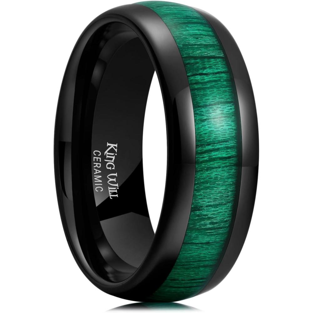 imageKing Will Ceramic Wedding Band for Men Women38 mm Width Black Rose Gold Wedding Ring Domed Style with BrownGreen Koa Wood Inlay Comfort Fit Size 714Green8mm