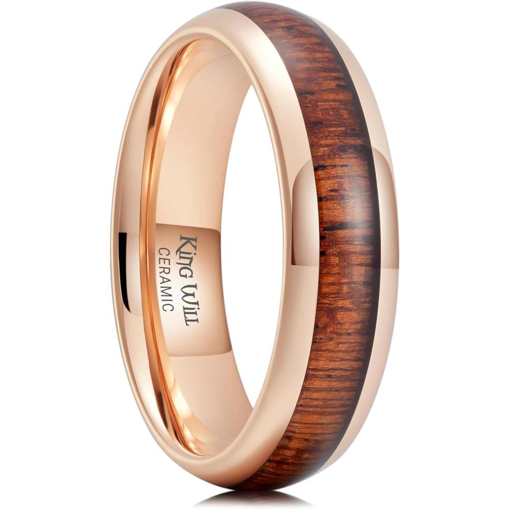 imageKing Will Ceramic Wedding Band for Men Women38 mm Width Black Rose Gold Wedding Ring Domed Style with BrownGreen Koa Wood Inlay Comfort Fit Size 714Rose Gold6mm