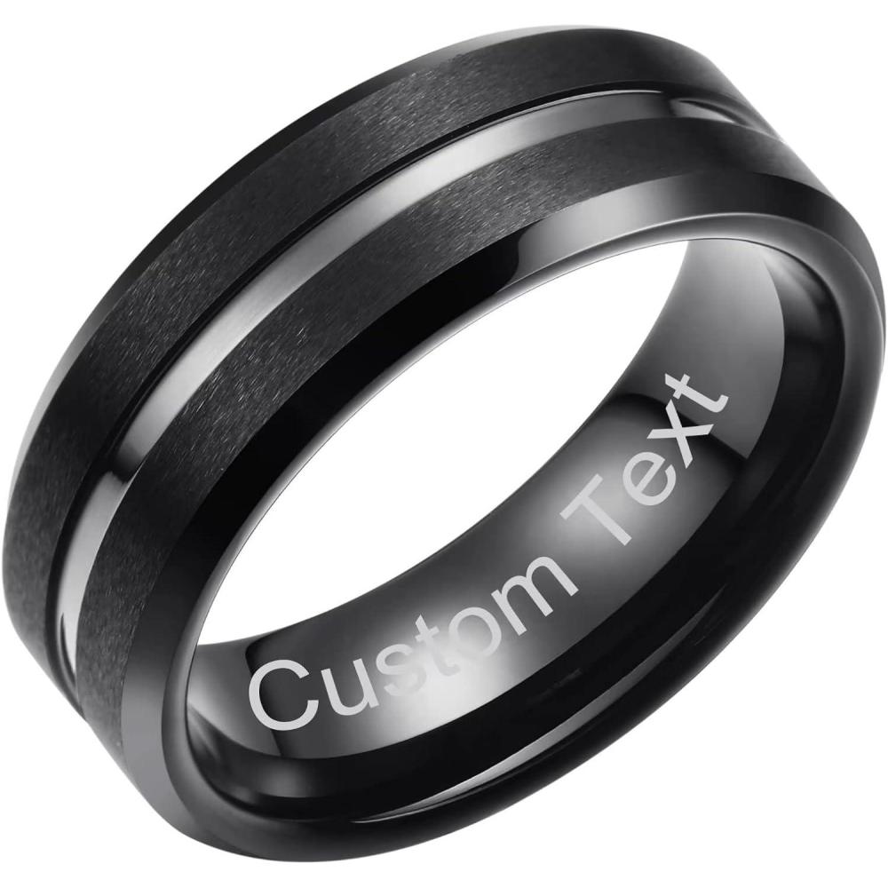 imageKing Will Classic 6 7 8 10mm Custom Engraved Grooved Tungsten Carbide Rings Personalize Wedding Band Ring for Men BlackBlueSilverGold Grooved Promise Ring Center Matte Finish Center Beveled Polished Edge Comfort FitCustomGrooved black