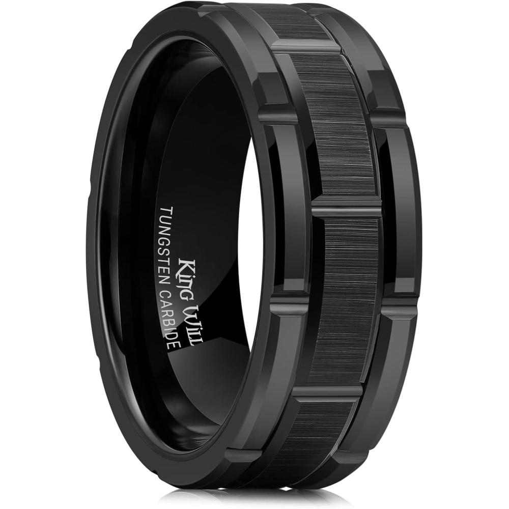 imageKing Will Classic Mens 8mm SilverBlackGoldRose Gold Tungsten Carbide Wedding Band Brick Pattern Groove Center Surface Brushed Finish Comfort FitABlack