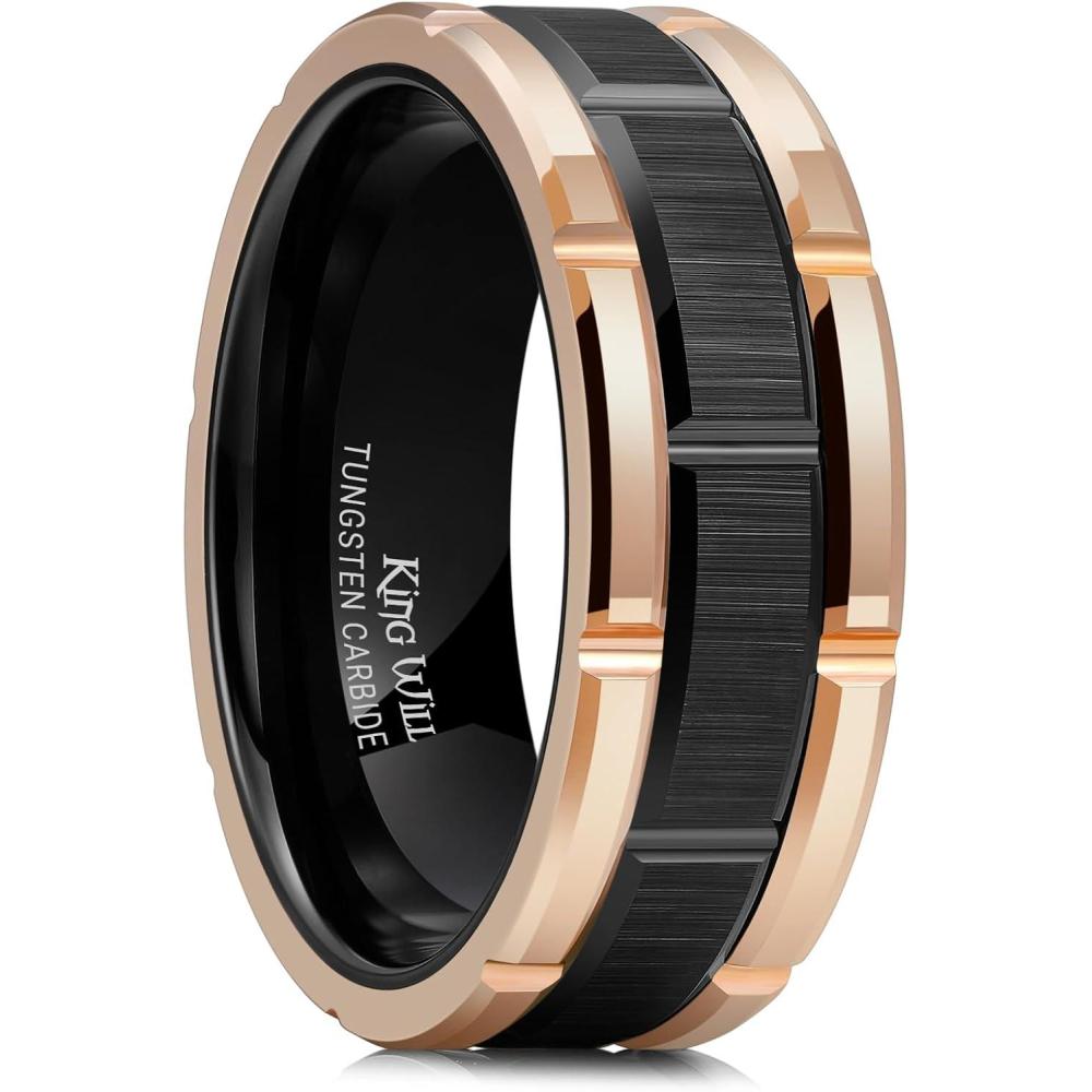 imageKing Will Classic Mens 8mm SilverBlackGoldRose Gold Tungsten Carbide Wedding Band Brick Pattern Groove Center Surface Brushed Finish Comfort FitABlack Rose Gold