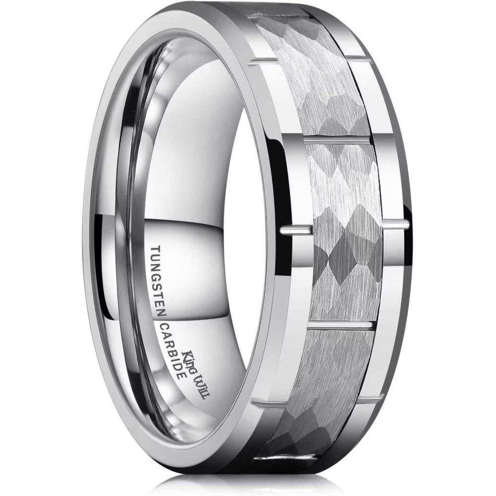 imageKing Will Classic Mens 8mm SilverBlackGoldRose Gold Tungsten Carbide Wedding Band Brick Pattern Groove Center Surface Brushed Finish Comfort FitBSilverHammer
