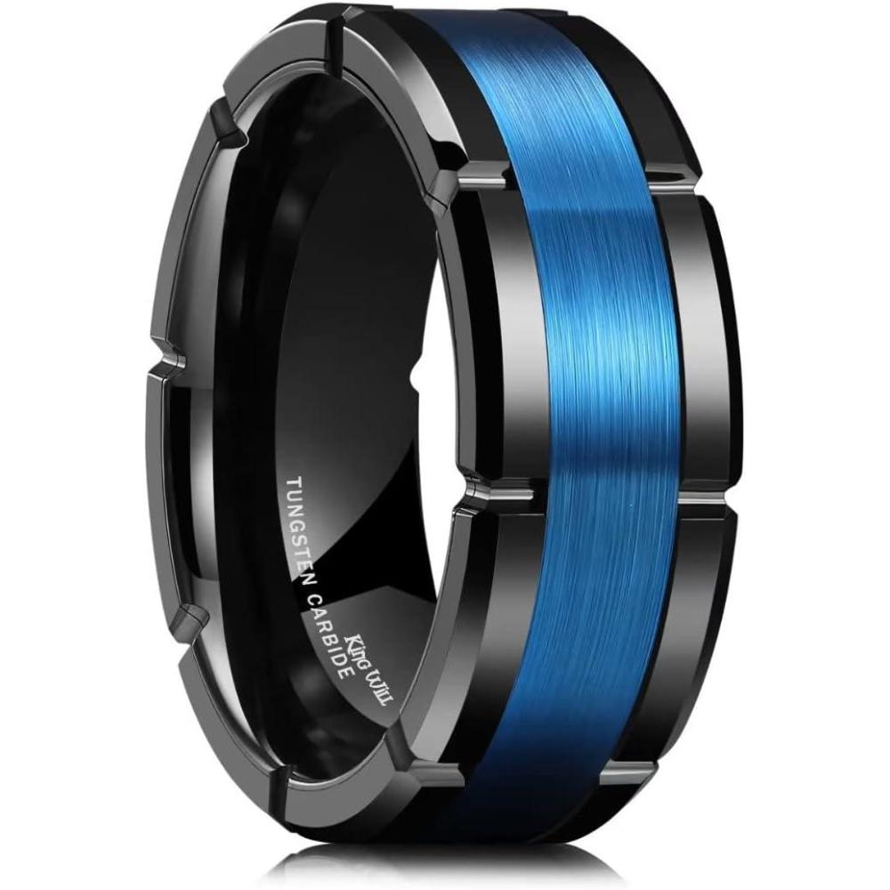 imageKing Will Classic Mens 8mm SilverBlackGoldRose Gold Tungsten Carbide Wedding Band Brick Pattern Groove Center Surface Brushed Finish Comfort FitDBlack Blue