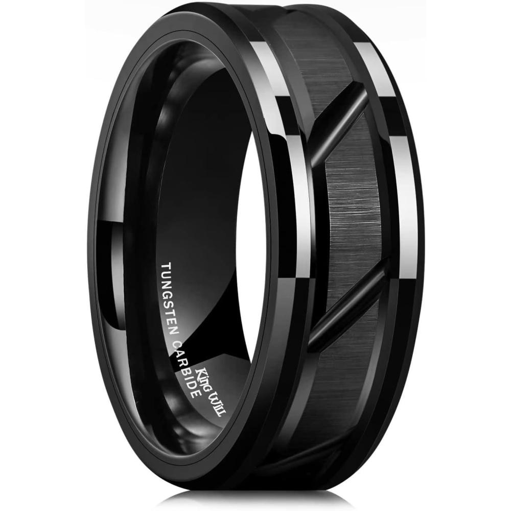 imageKing Will Classic Mens 8mm SilverBlackGoldRose Gold Tungsten Carbide Wedding Band Brick Pattern Groove Center Surface Brushed Finish Comfort FitEBlackOblique