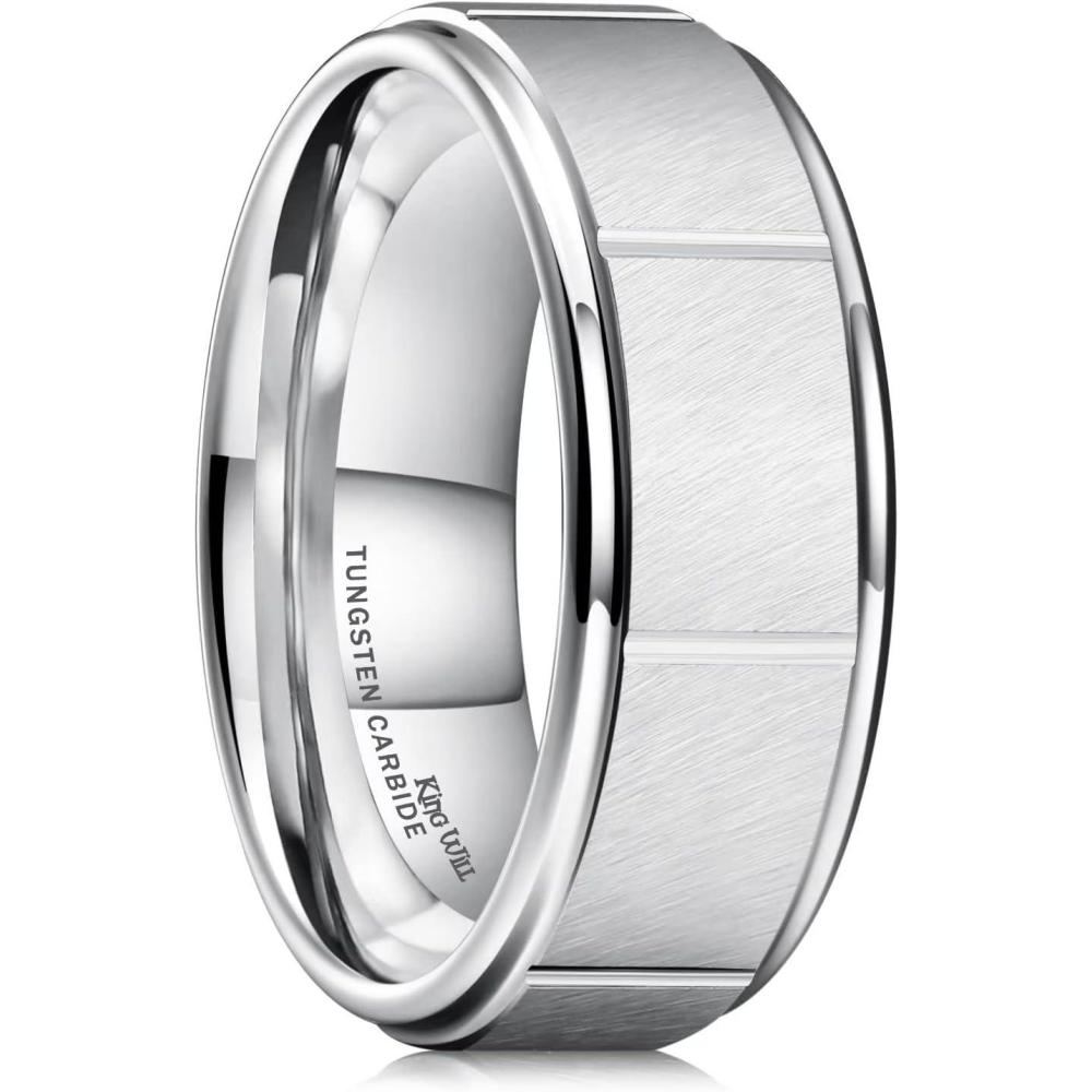 imageKing Will Classic Mens 8mm SilverBlackGoldRose Gold Tungsten Carbide Wedding Band Brick Pattern Groove Center Surface Brushed Finish Comfort FitFSilverGroove Center