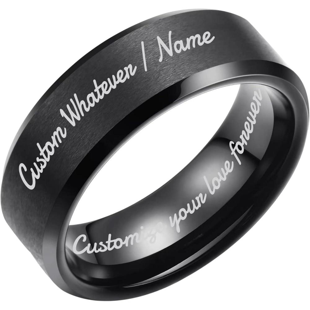 imageKing Will Classic Silver Black 4mm 6mm 8mm 10mm Custom Engraved Tungsten Carbide Rings Personalize Wedding Band Ring for Men Personalize Tungsten Center Matte Finish Center Beveled Polished Edge Comfort FitCustom8mm Black