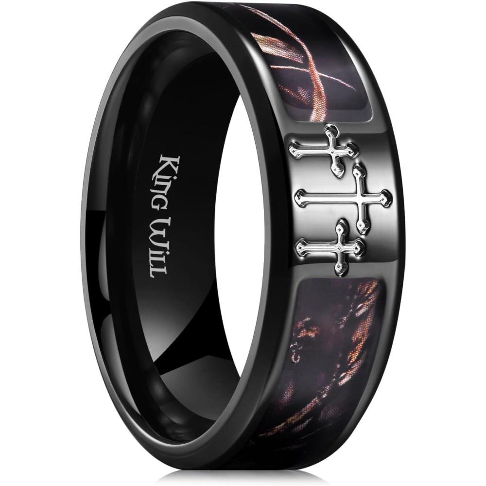 imageKing Will Cross Titanium Wedding Band for Men Women8mm Width Wedding Ring in BlackSliverGold Plated with Brown Camouflage Inlay Comfort Fit Size 714Black Cross