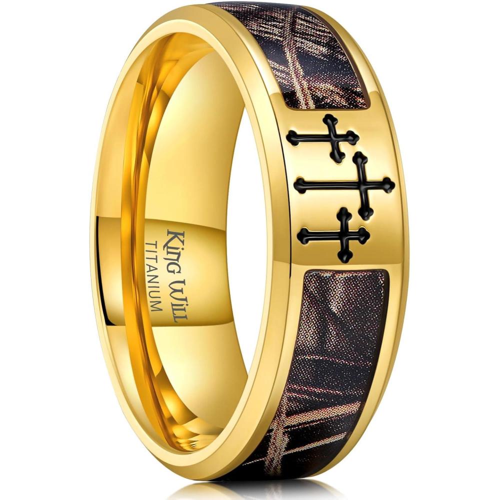 imageKing Will Cross Titanium Wedding Band for Men Women8mm Width Wedding Ring in BlackSliverGold Plated with Brown Camouflage Inlay Comfort Fit Size 714Gold Cross