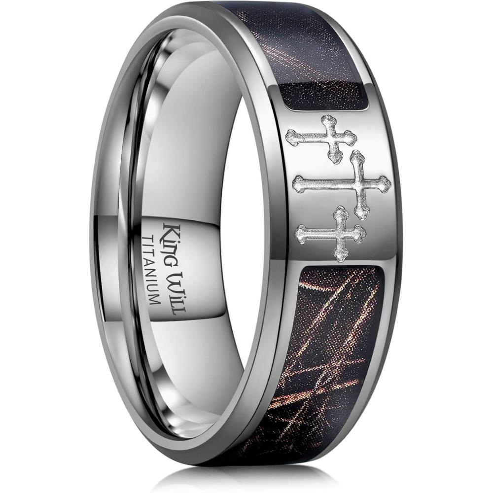 imageKing Will Cross Titanium Wedding Band for Men Women8mm Width Wedding Ring in BlackSliverGold Plated with Brown Camouflage Inlay Comfort Fit Size 714GunmetalGray Cross