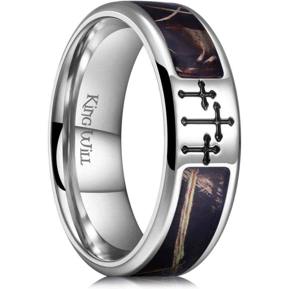 imageKing Will Cross Titanium Wedding Band for Men Women8mm Width Wedding Ring in BlackSliverGold Plated with Brown Camouflage Inlay Comfort Fit Size 714Sliver Cross