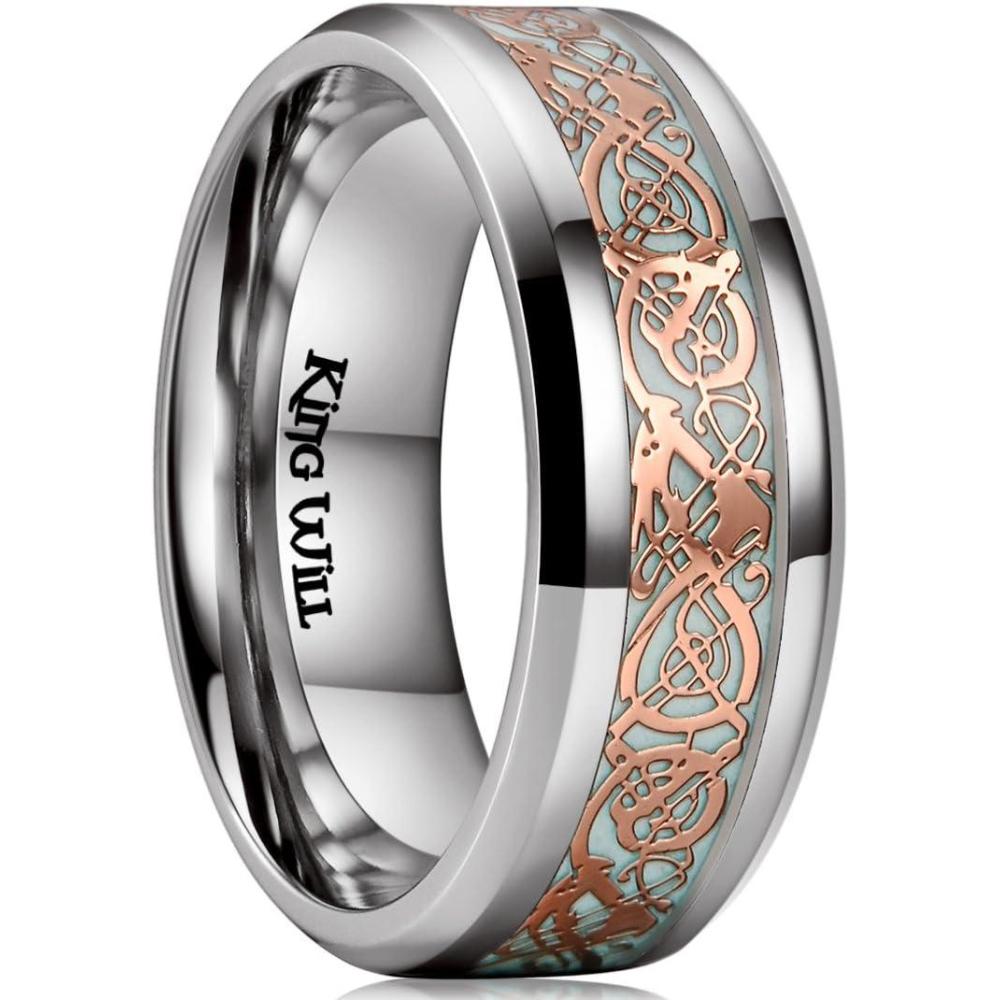 imageKing Will DRAGON Mens Celtic Dragon Titanium Stainless Steel Ring BlueBlackGreenRed Carbon Fibre Luminou Glow Celtic Dragon Titanium Stainless Steel Ring 7mm 8mm 9mm Zircon Polished Beveled Edge and Black Plated Wedding Band mensGreen Light8mm