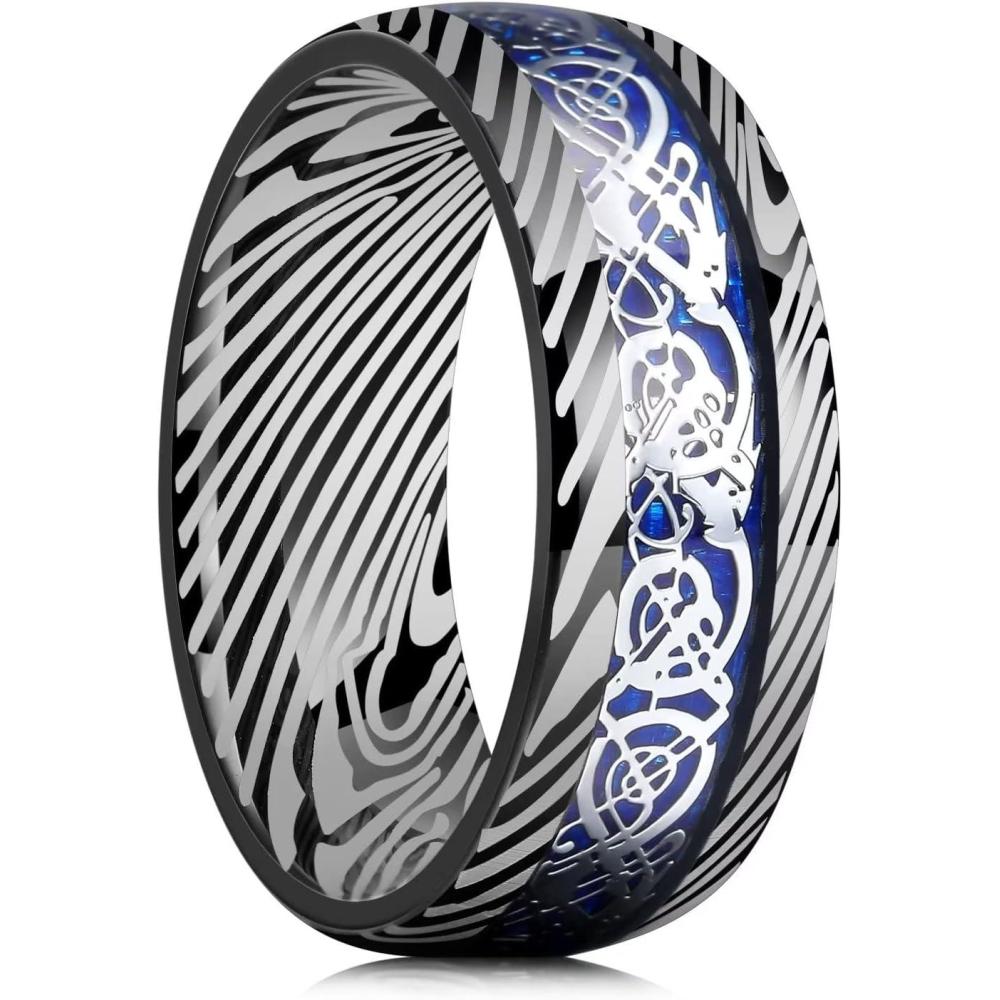 imageKing Will DRAGON Mens Celtic Dragon Titanium Stainless Steel Ring BlueBlackGreenRed Carbon Fibre Luminou Glow Celtic Dragon Titanium Stainless Steel Ring 7mm 8mm 9mm Zircon Polished Beveled Edge and Black Plated Wedding Band mensblue8mm