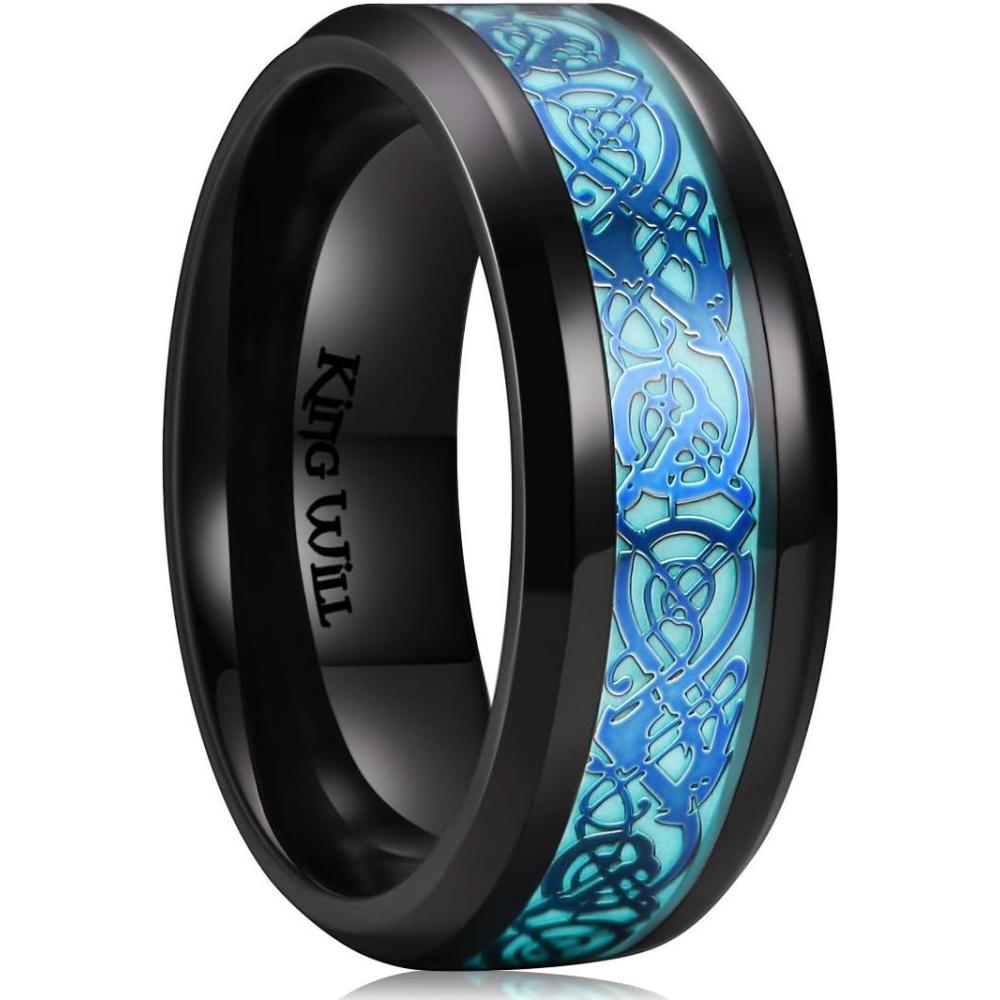 imageKing Will DRAGON Mens Celtic Dragon Titanium Stainless Steel Ring BlueBlackGreenRed Carbon Fibre Luminou Glow Celtic Dragon Titanium Stainless Steel Ring 7mm 8mm 9mm Zircon Polished Beveled Edge and Black Plated Wedding Band mensBlue Light8mm