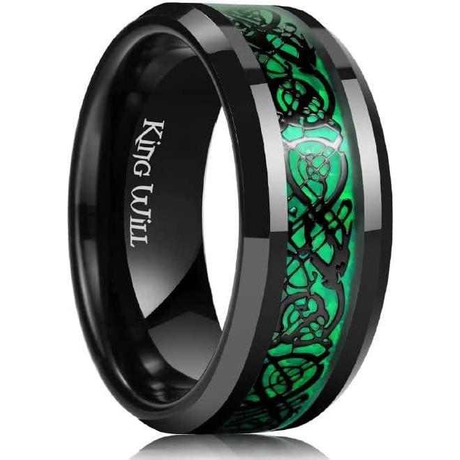imageKing Will DRAGON Mens Celtic Dragon Titanium Stainless Steel Ring BlueBlackGreenRed Carbon Fibre Luminou Glow Celtic Dragon Titanium Stainless Steel Ring 7mm 8mm 9mm Zircon Polished Beveled Edge and Black Plated Wedding Band mensgreen9mm