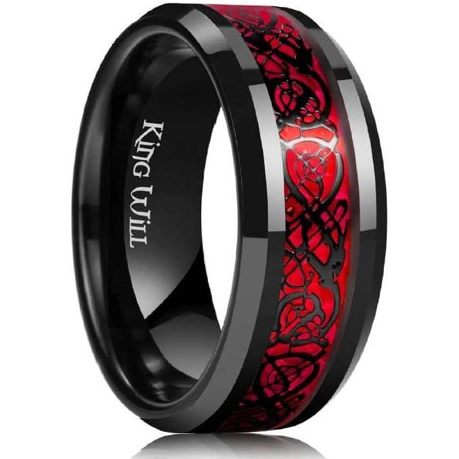 imageKing Will DRAGON Mens Celtic Dragon Titanium Stainless Steel Ring BlueBlackGreenRed Carbon Fibre Luminou Glow Celtic Dragon Titanium Stainless Steel Ring 7mm 8mm 9mm Zircon Polished Beveled Edge and Black Plated Wedding Band mensred9mm