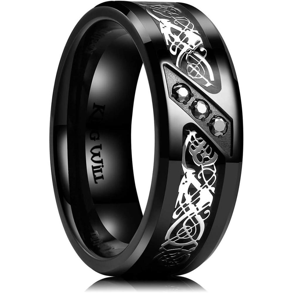 imageKing Will DRAGON Mens Celtic Dragon Titanium Stainless Steel Ring BlueBlackGreenRed Carbon Fibre Luminou Glow Celtic Dragon Titanium Stainless Steel Ring 7mm 8mm 9mm Zircon Polished Beveled Edge and Black Plated Wedding Band mensblack8mm