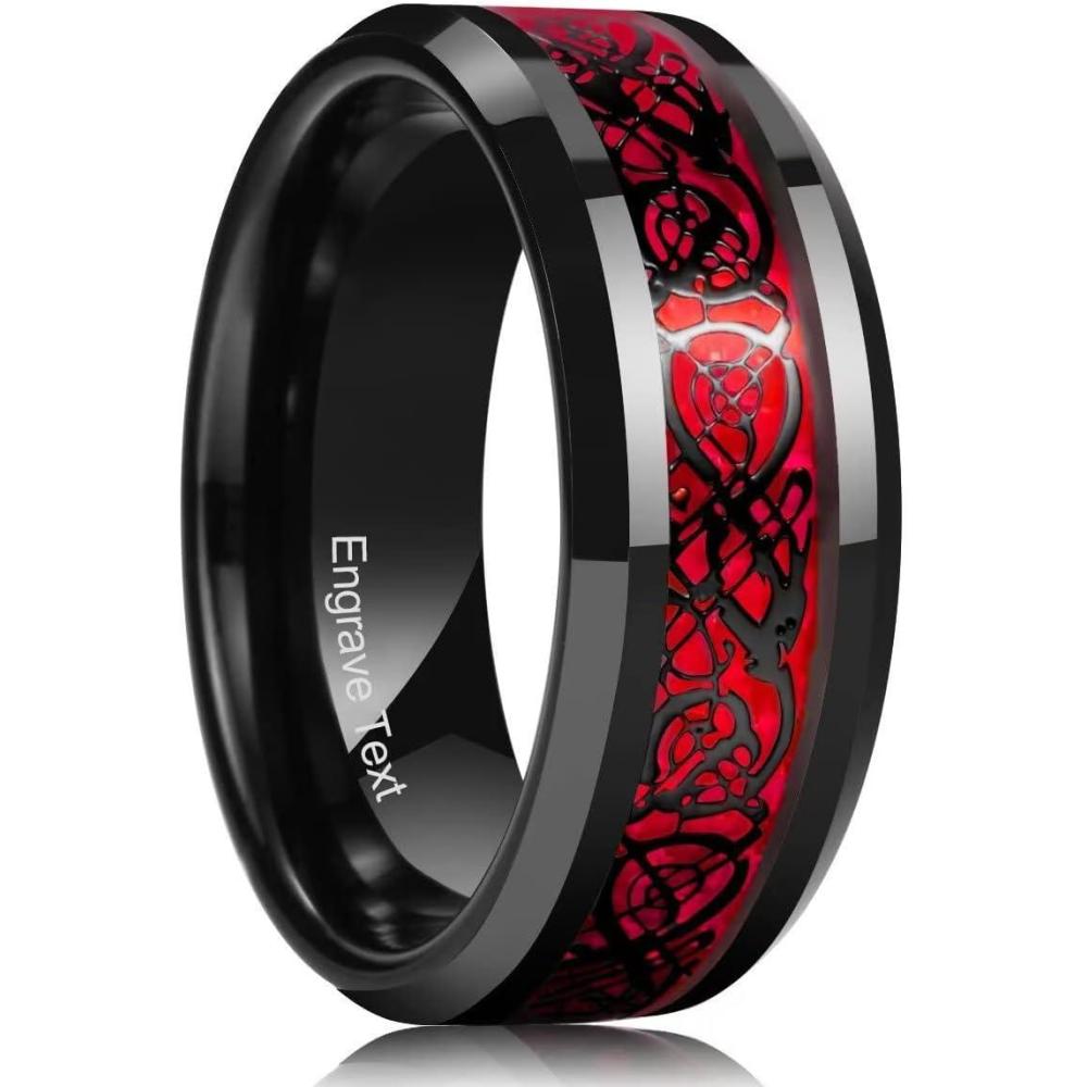 imageKing Will Dragon Custom 6mm 8mm Purple Green Red Blue Personalized Celtic Dragon Tungsten Carbide Ring Engrave Wedding Band for Men Comfort FitRed 8mm