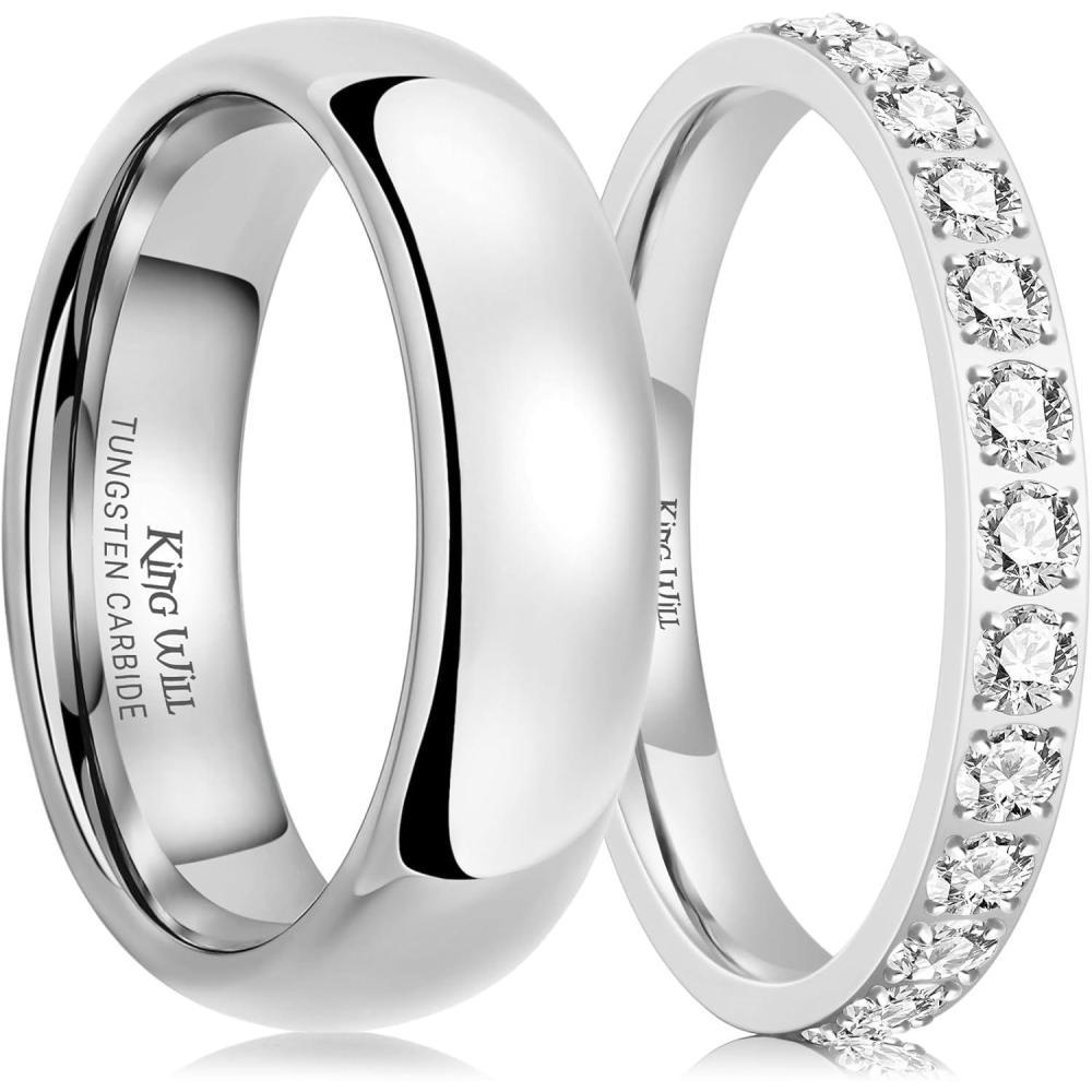 imageKing Will Eternity Band Couple Ring  Tungsten Wedding Ring ampamp CZ Simulated Cubic Zirconia Rings