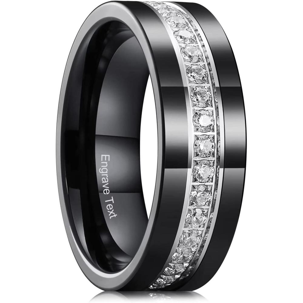imageKing Will GEM Custom Engraving Mens 8mm Tungsten Carbide Ring Cubic Zircon Stones Engagement Wedding Promise Band for Women Men PersonalizedBblack silver