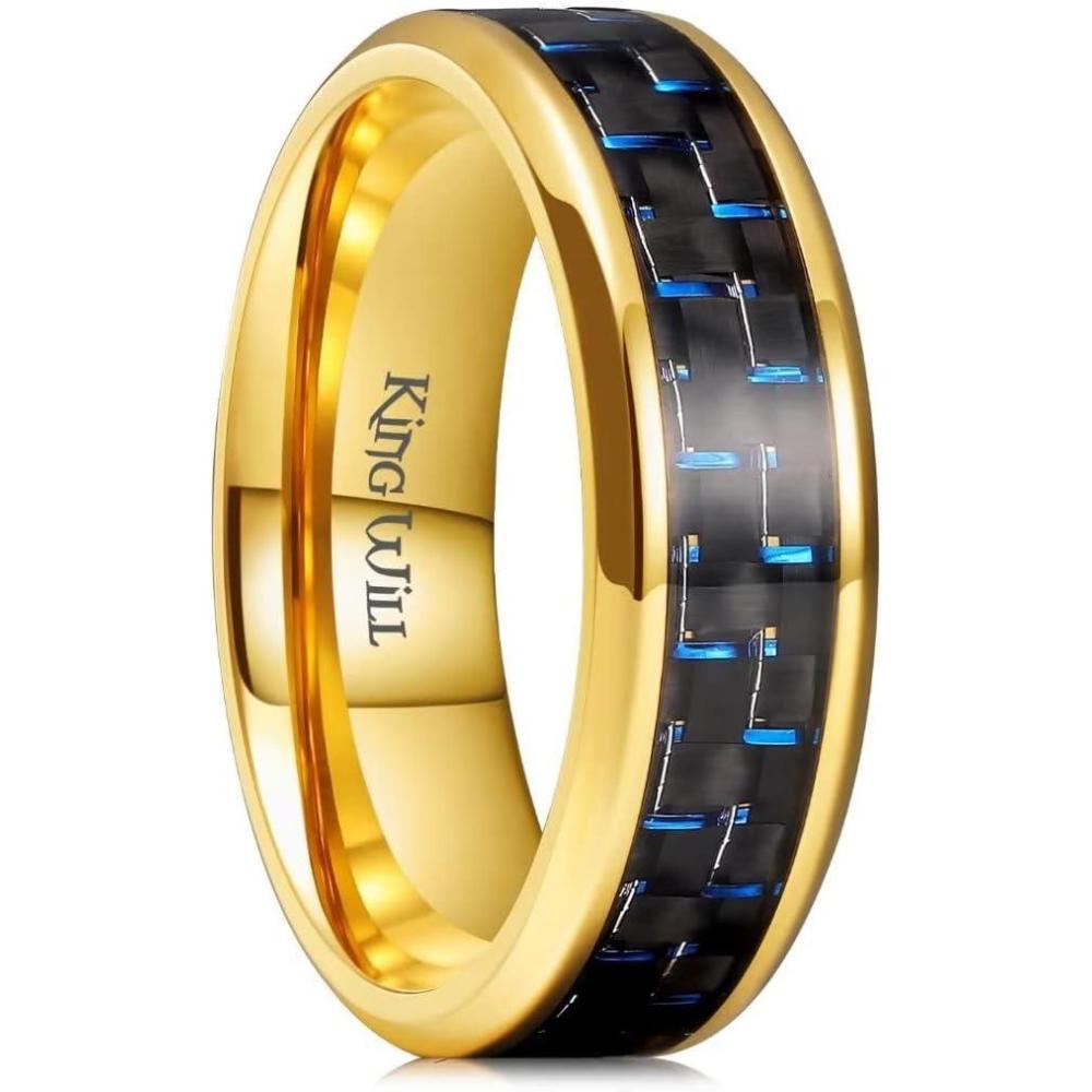 imageKing Will GENTLEMAN 7mm Mens Titanium Wedding Ring Carbon Fiber Inlay Engagement Ring BlackSilverGoldBlue Promise Ring For Him Comfort FitGold