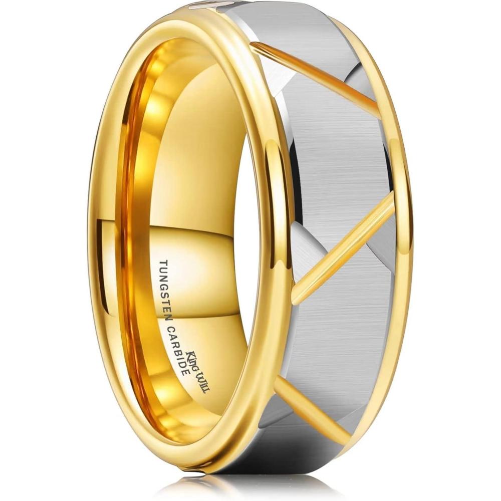 imageKing Will Hammer 8MM Mens Tungsten Ring BlackSilverGoldRose Gold Faceted Finish Tungsten Carbide Wedding Band Stripe Two Tone Rose GoldSilver Plating GrooveDgold silver groove