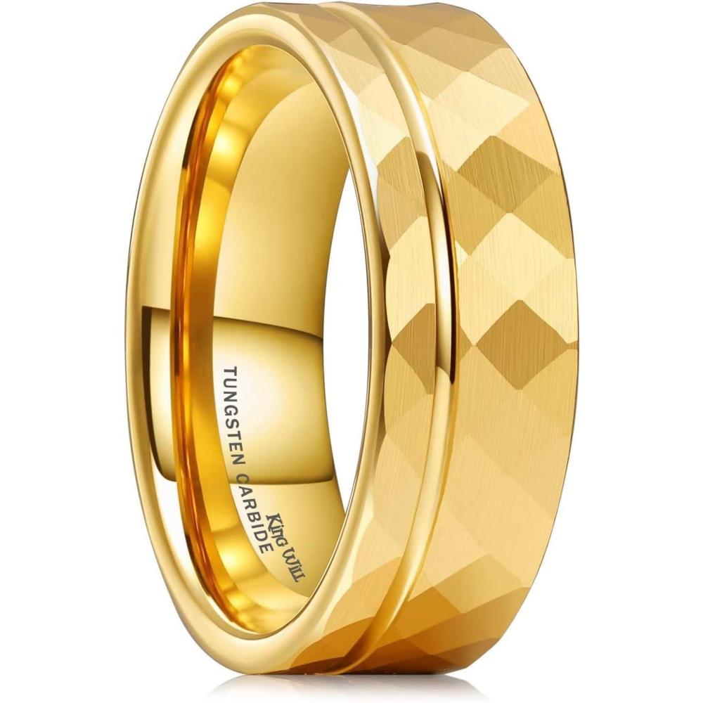 imageKing Will Hammer 8MM Mens Tungsten Ring BlackSilverGoldRose Gold Faceted Finish Tungsten Carbide Wedding Band Stripe Two Tone Rose GoldSilver Plating GrooveGold