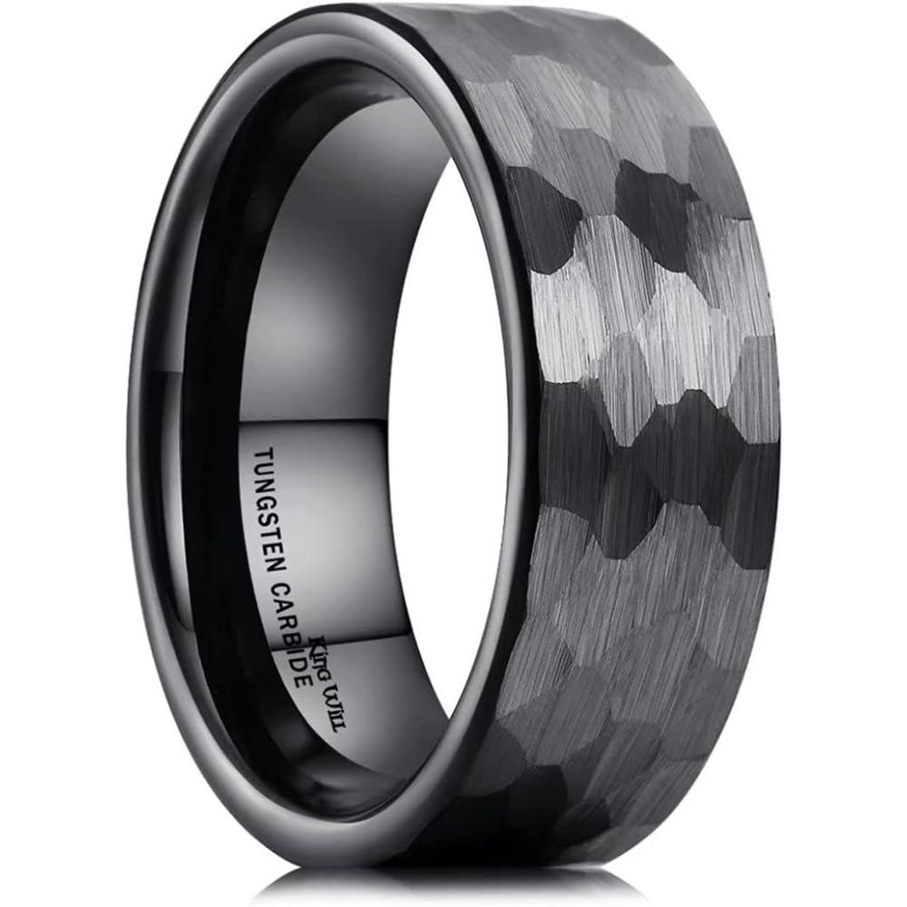 imageKing Will Hammered 8mm Silver Tungsten Ring Hammer MultiFaceted Men Wedding Band Polished Domed Brushed Step Edge Comfort FitAblack