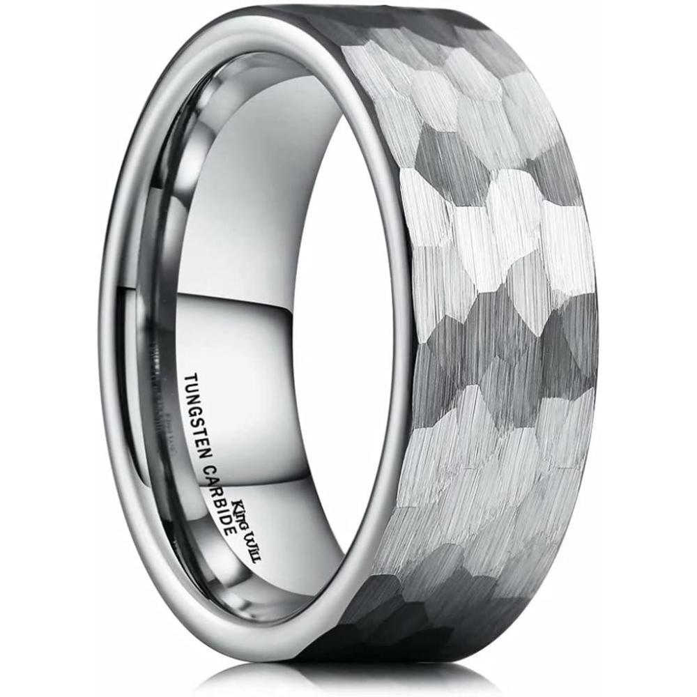 imageKing Will Hammered 8mm Silver Tungsten Ring Hammer MultiFaceted Men Wedding Band Polished Domed Brushed Step Edge Comfort FitAsilver