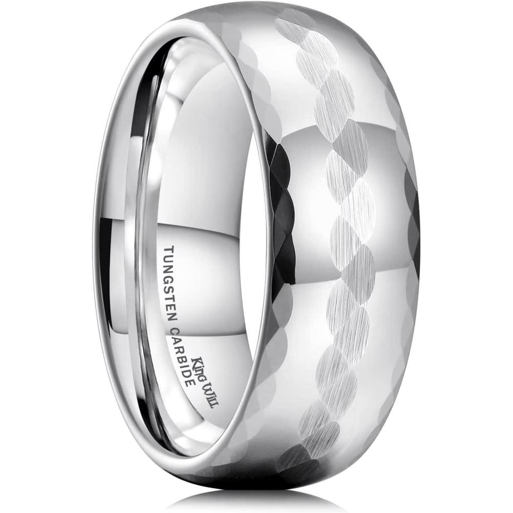 imageKing Will Hammered 8mm Silver Tungsten Ring Hammer MultiFaceted Men Wedding Band Polished Domed Brushed Step Edge Comfort FitDomedpolish