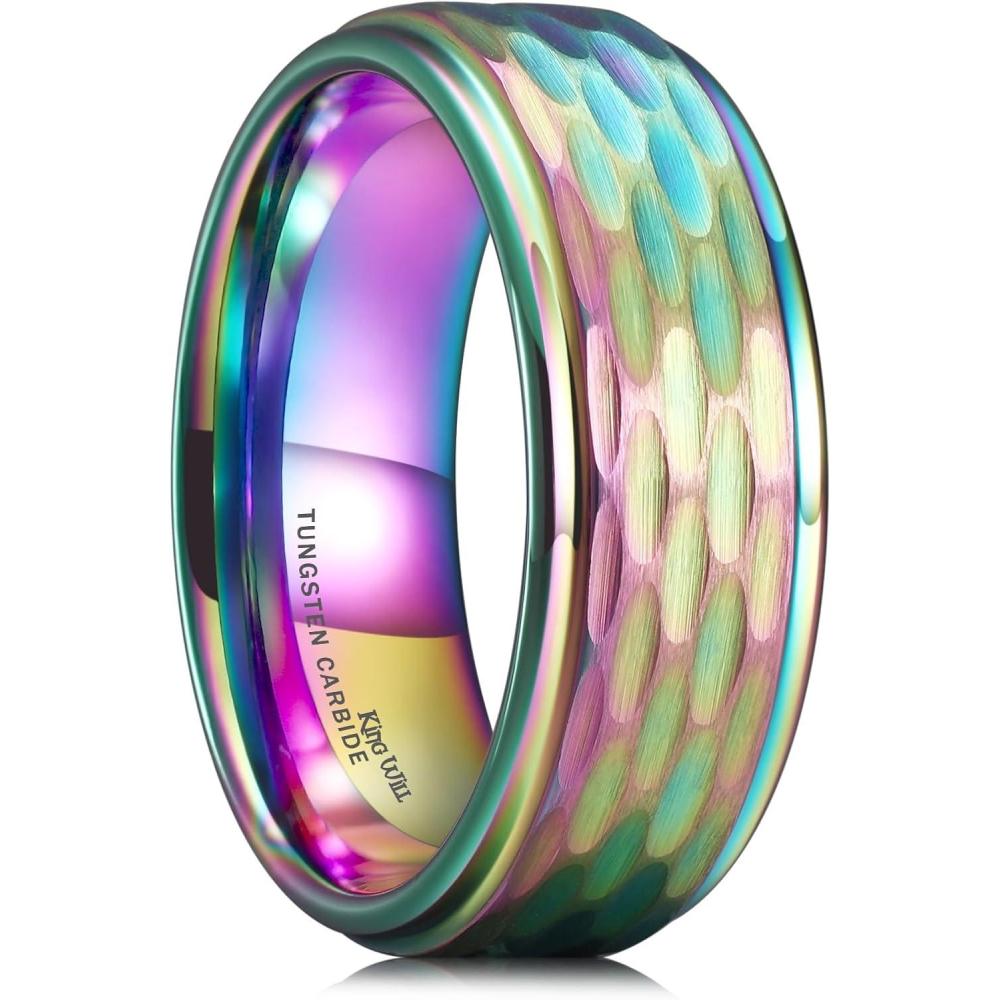 imageKing Will Hammered 8mm Silver Tungsten Ring Hammer MultiFaceted Men Wedding Band Polished Domed Brushed Step Edge Comfort FitRainbow Step Edge