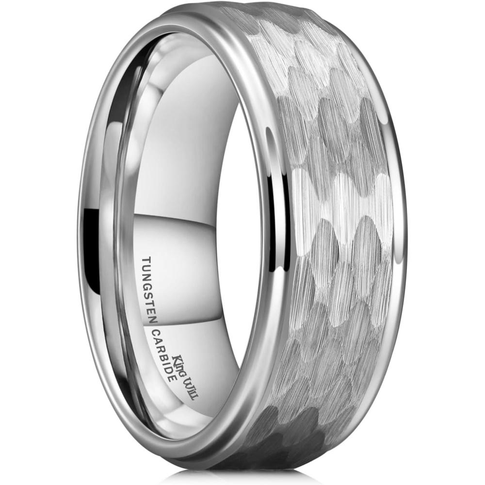 imageKing Will Hammered 8mm Silver Tungsten Ring Hammer MultiFaceted Men Wedding Band Polished Domed Brushed Step Edge Comfort FitSilver Step Edge