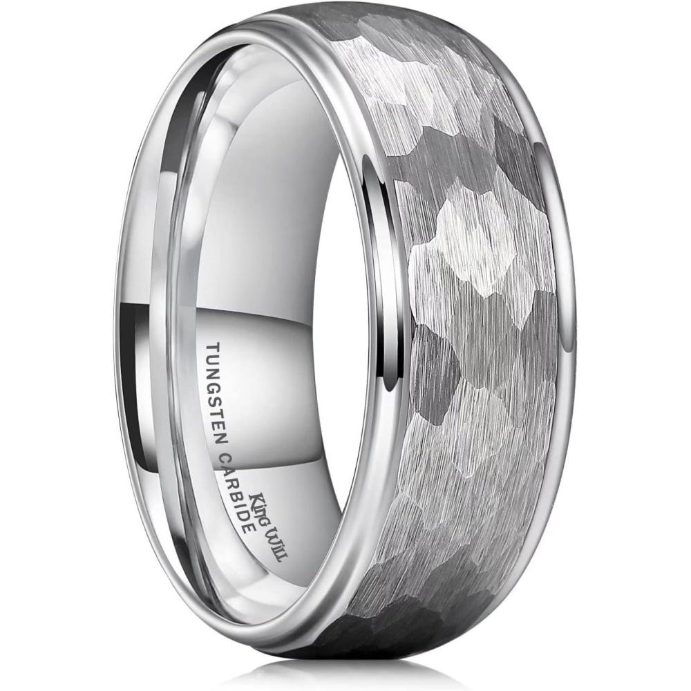 imageKing Will Hammered 8mm Silver Tungsten Ring Hammer MultiFaceted Men Wedding Band Polished Domed Brushed Step Edge Comfort Fitdomed