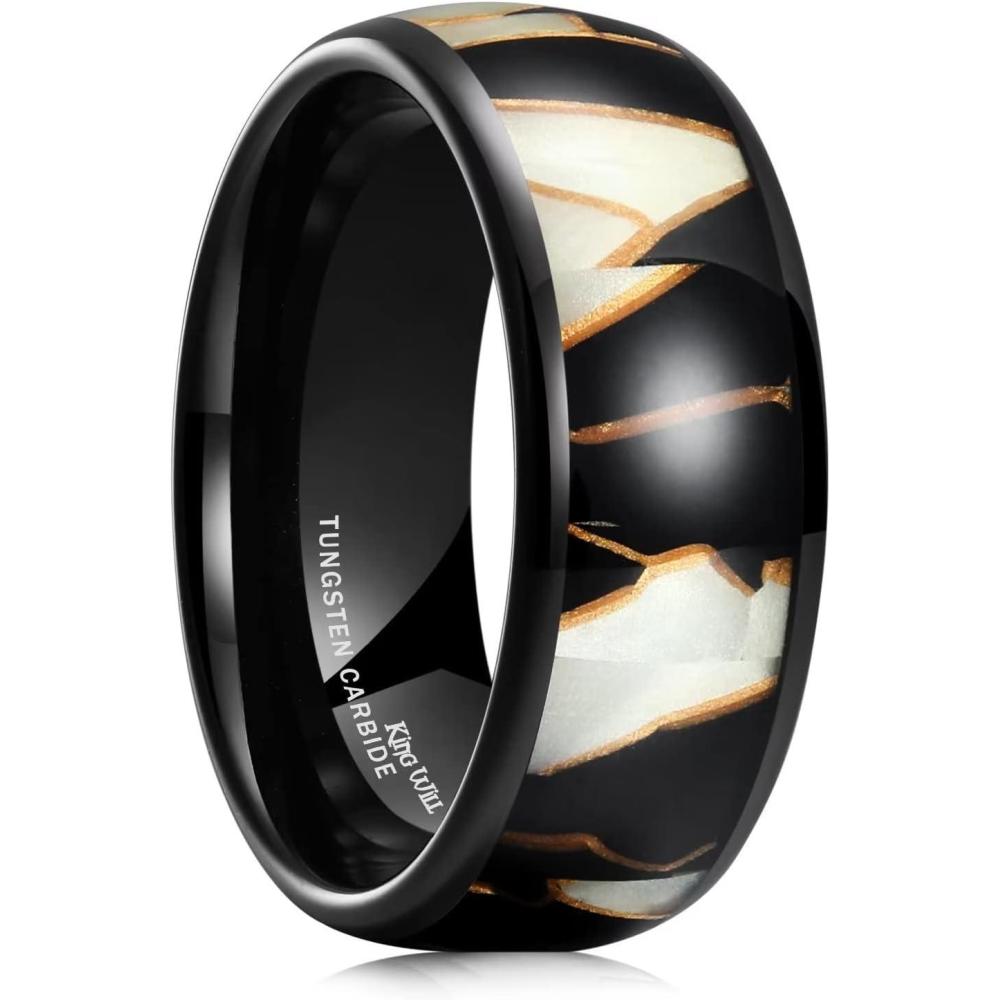 imageKing Will Mens 4mm6mm8mm Black Tungsten Wedding Band Blue Green Purple Fragments Inlay Rings Engagement Band Comfort FitLight Gold 8mm