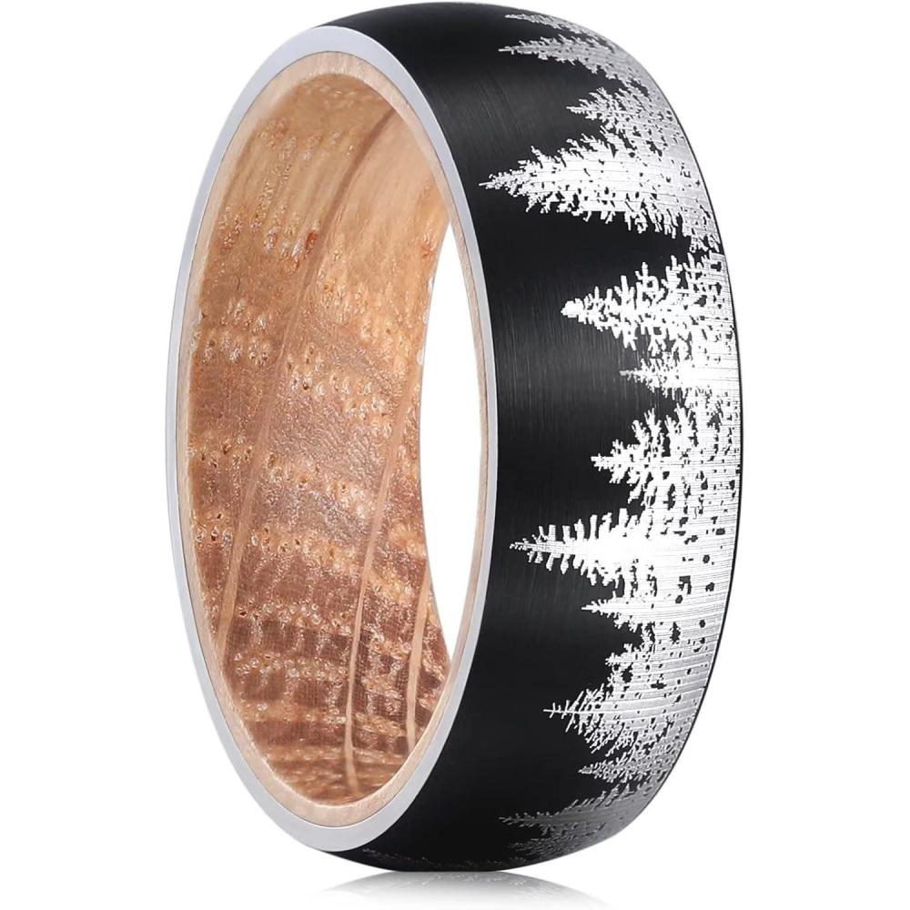 imageKing Will Mens 6mm 8mm Black Silver Tungsten Carbide Wedding Bands Inlay Lasered SeagullForest LandscapPandaDeerHuntingFly Fishing Brushed Wedding Rings for Men WomenForest