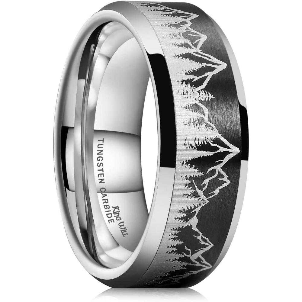 imageKing Will Mens 6mm 8mm Black Silver Tungsten Carbide Wedding Bands Inlay Lasered SeagullForest LandscapPandaDeerHuntingFly Fishing Brushed Wedding Rings for Men WomenForest Landscap